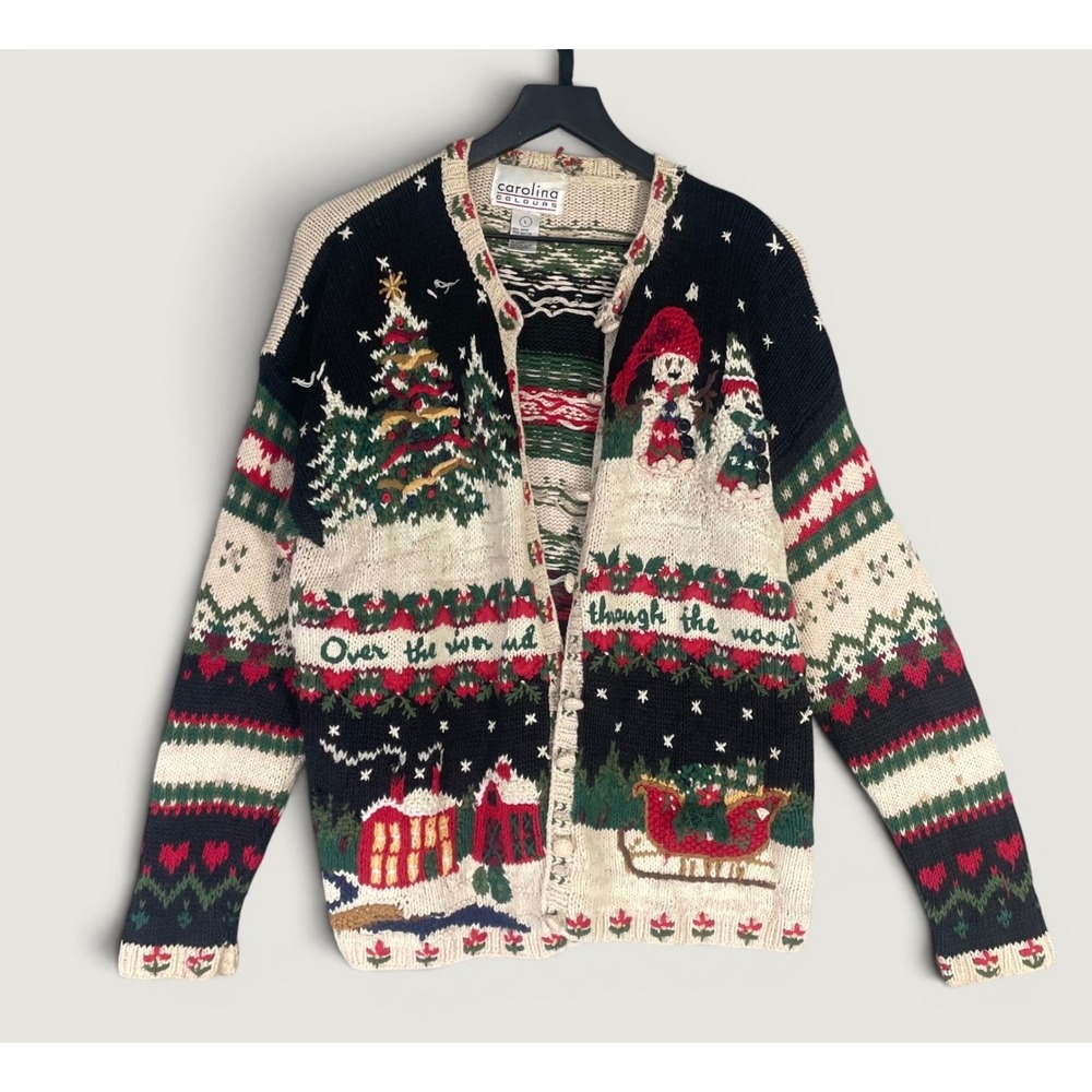Vintage 90s Carolina Colours Christmas Cardigan L Santa Snowman Holiday Sweater